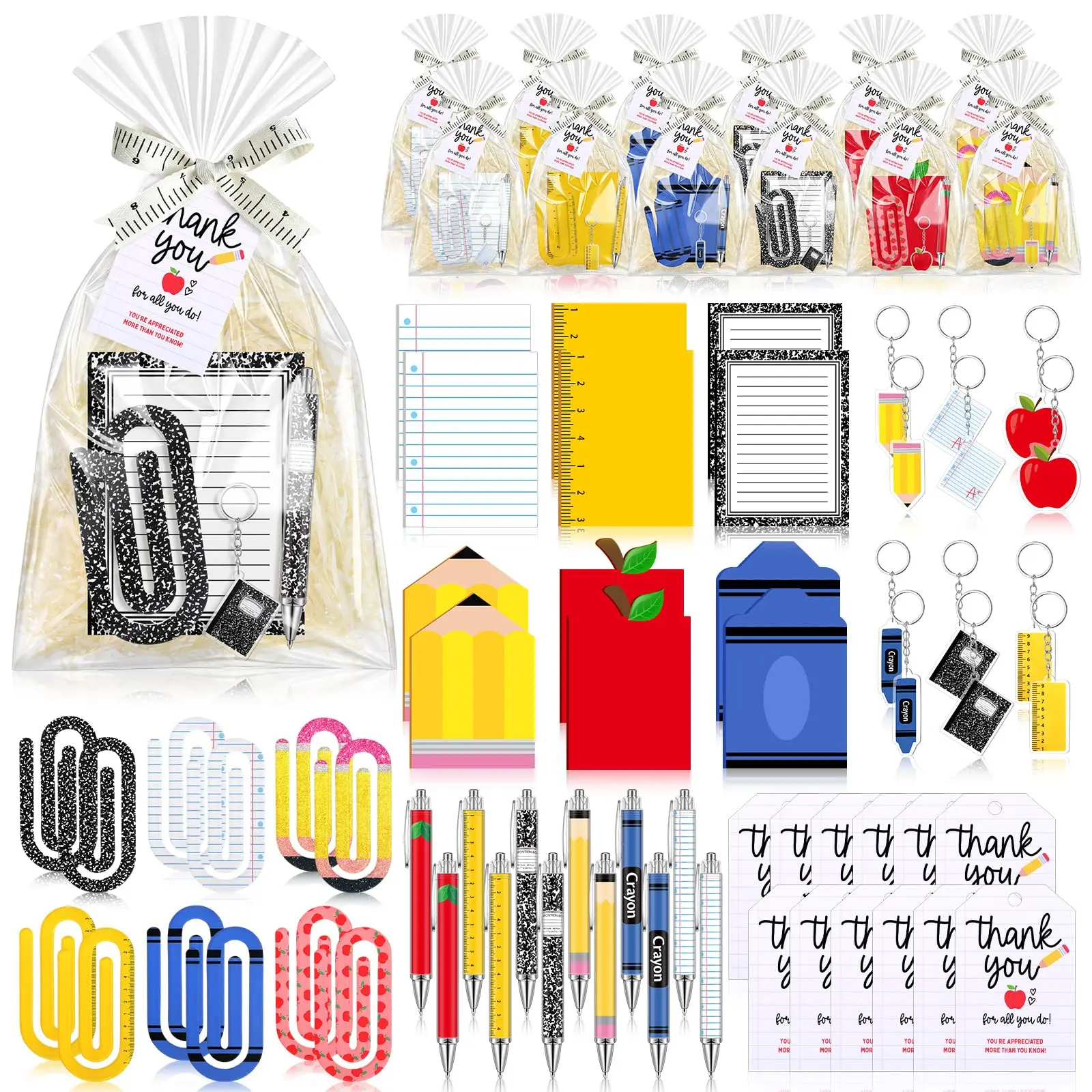 6/12 Pack Back to School Teachers Appreciation Gift Bulk, Teacher Survival Kit with Sticky Notes Ballpoint Pen Keychains Acrylic Paper Clips for Teacher, Meet the Teacher Gifts Box Stationery Set, First Day of School Party Supplies Classroom Rewards