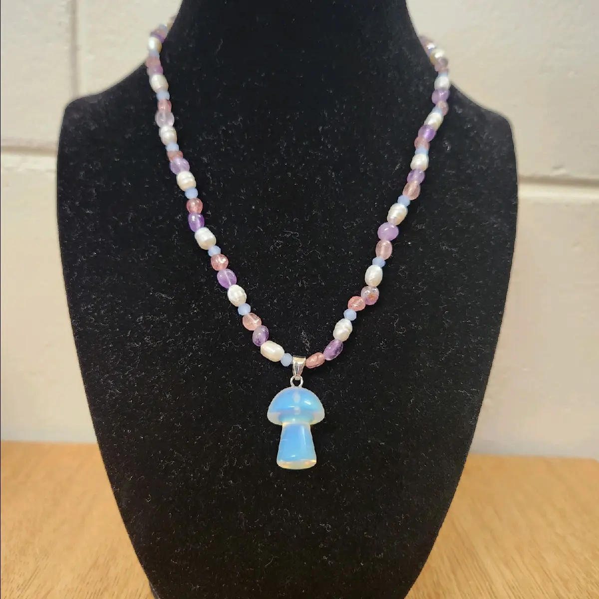Handmade Crystal Necklace made from Strawberry Quartz, Amythest, and Freshwater Pearl with a beautiful Opal Mushroom Pendant