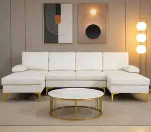 Off-white Fluffy Fabric U-shaped 3-Piece Living Room Sofa set