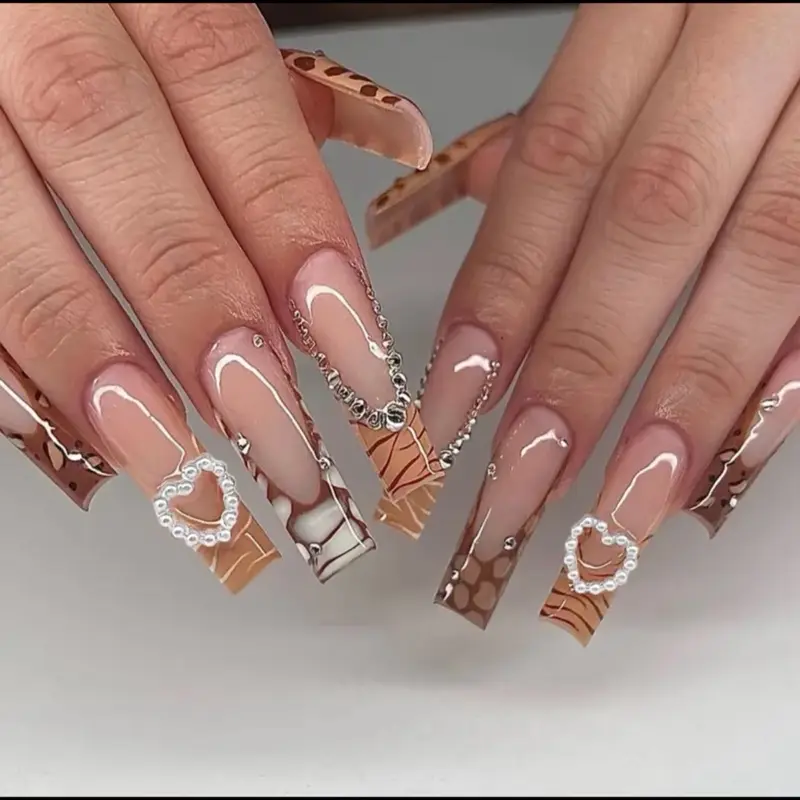 Cute Long Coffin Press-On Nails, Zoo Classy Design with Heart & Rhinestone Decals