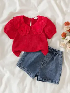 Baby Girl 2-Piece Set Ruffle Collar Bubble Sleeve Top & Denim Shorts, Casual Fit, Plain Pattern, Perfect for Daily Wear & Vacation
