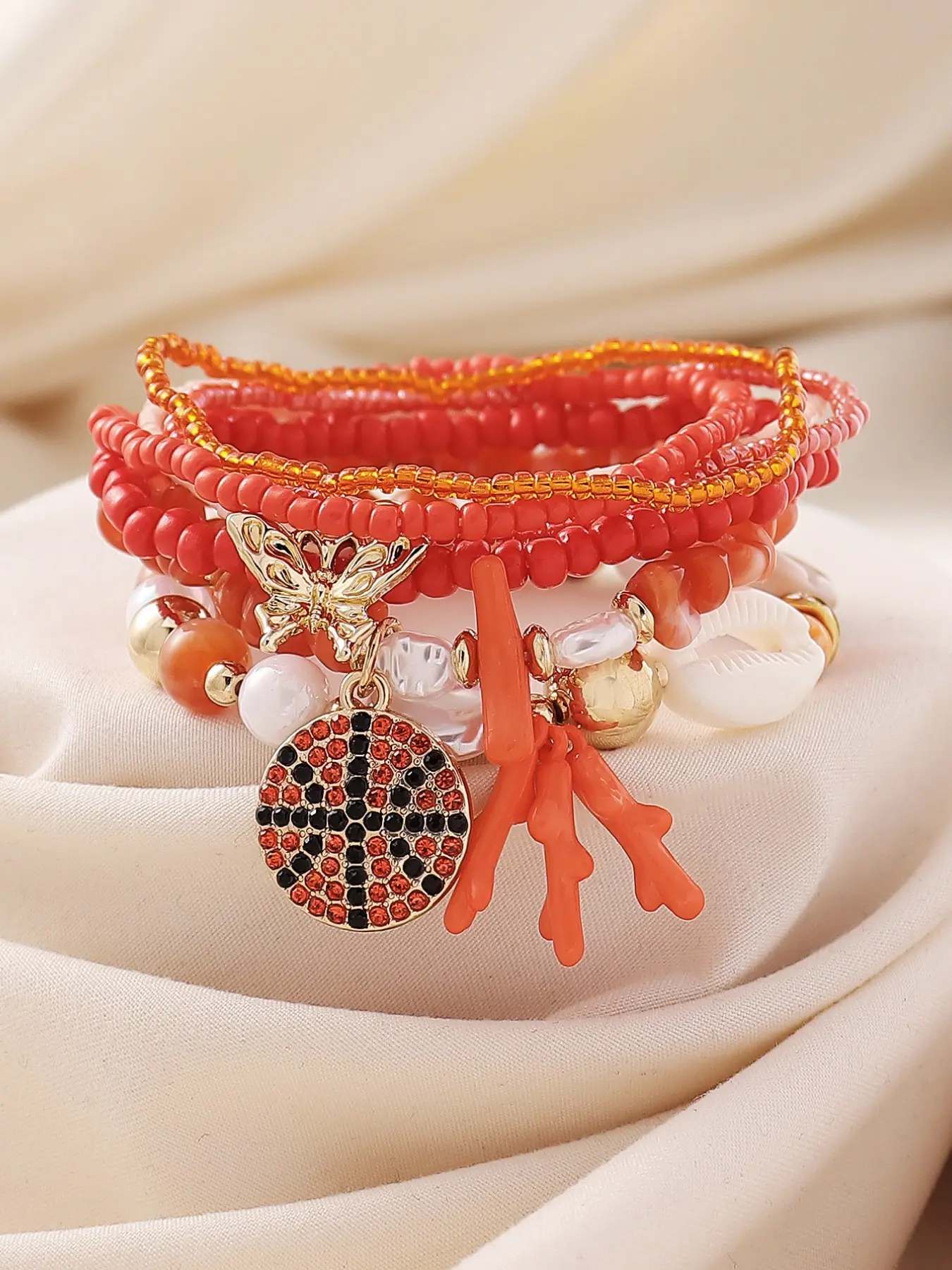 Boho Summer Vacation Style Beaded Bracelet Set, Coral & Rhinestone Pendants, Elastic Bangle, Perfect for Parties & Beaches