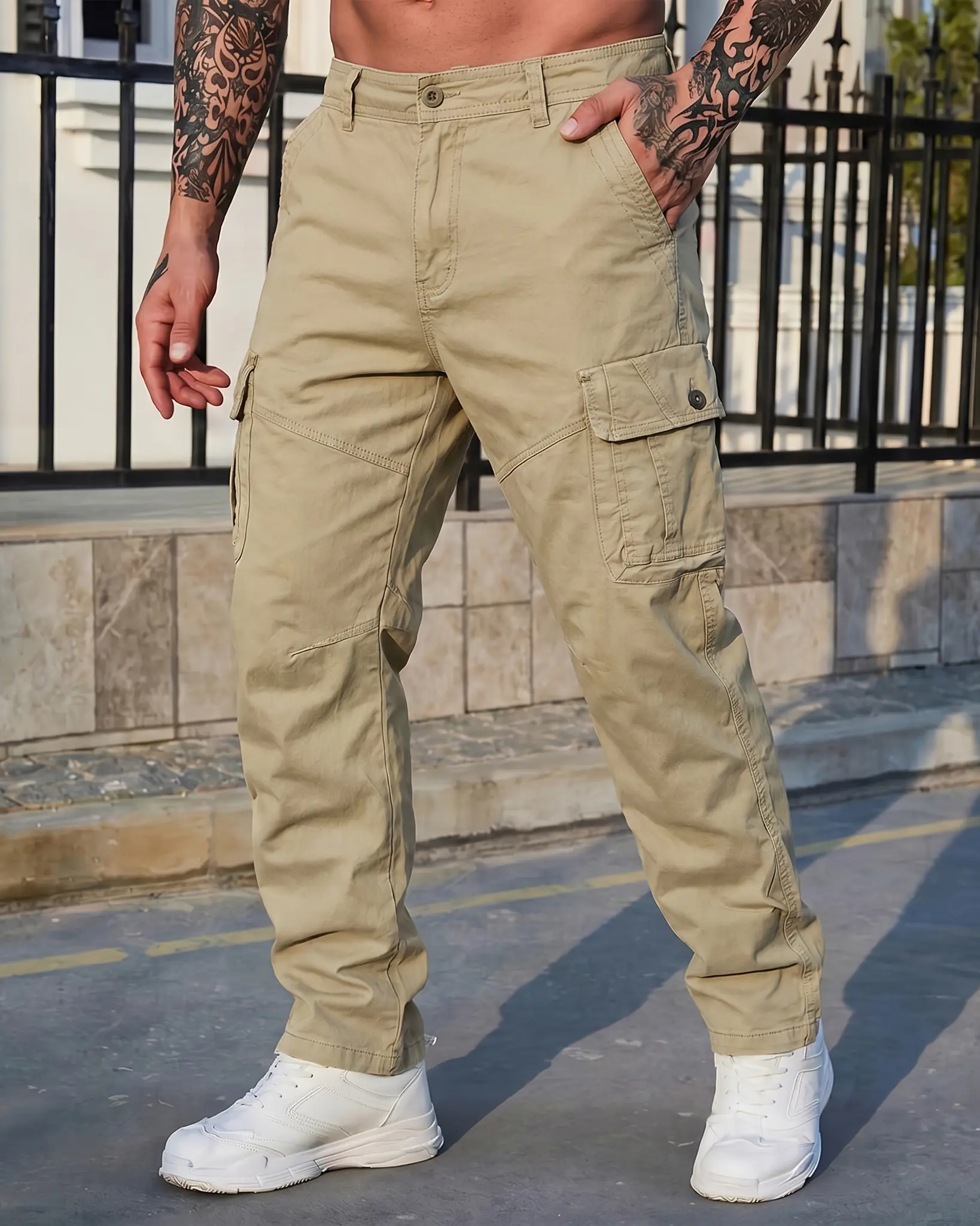 Workwear Plain Diagonal Pocket Straight Leg Cargo Pants, Cotton Button Waist Full Length Utility Trousers, Everyday Streetwear Bottoms