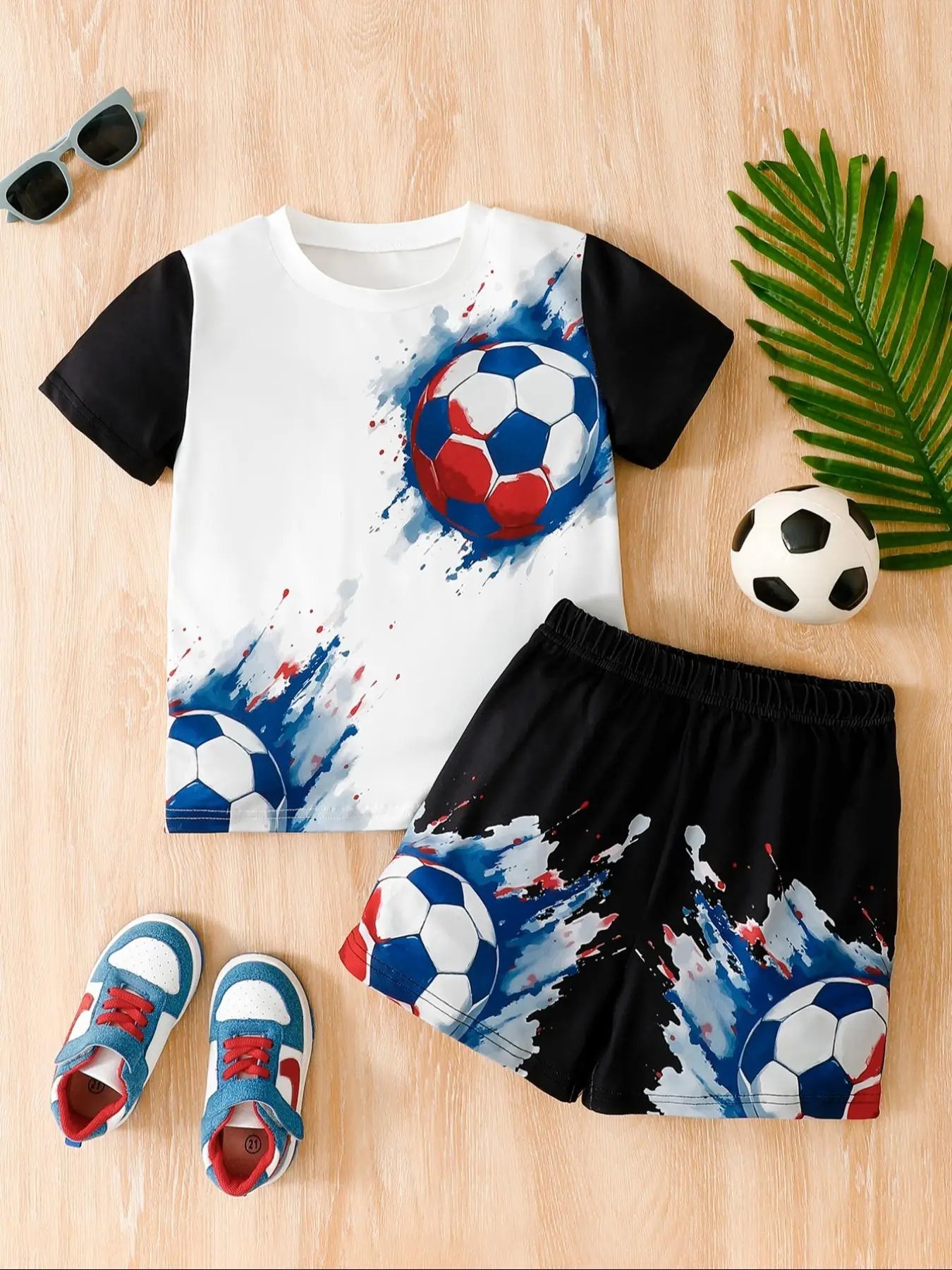 Two-Piece Set Toddler Boy's Soccer Print Short Sleeve Tee & Shorts, Casual Round Neck T-shirt & Shorts for Daily Wear, Kids Summer Clothes