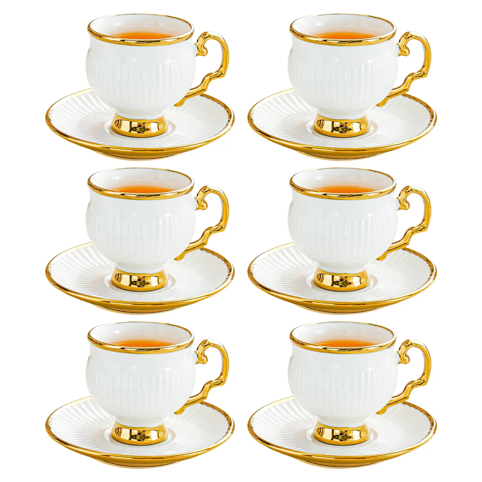 6-Piece Stylish Traditional 3.38Oz/100ml Gold-Trimmed Ceramic Coffee Cups Sets with Saucers, European Kitchen Drinkware for Cappuccino, Latte