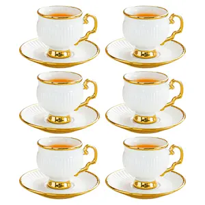 Stylish Traditional Style Ceramic Tea Cup and Saucer Set of 6, 100ml Gold-Trimmed Ceramic Turkish Coffee Cups for Cappuccino, Latte