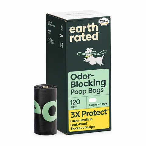 Earth Rated 3X Protect Odor-Blocking Dog & Cat Poop Bags Supplies, 120-Count Roll Pack, Leak-Proof, Unscented, Durable 7-Layer Recycled Plastic, 9in x 13in, B Corp Certified, Mess-Free