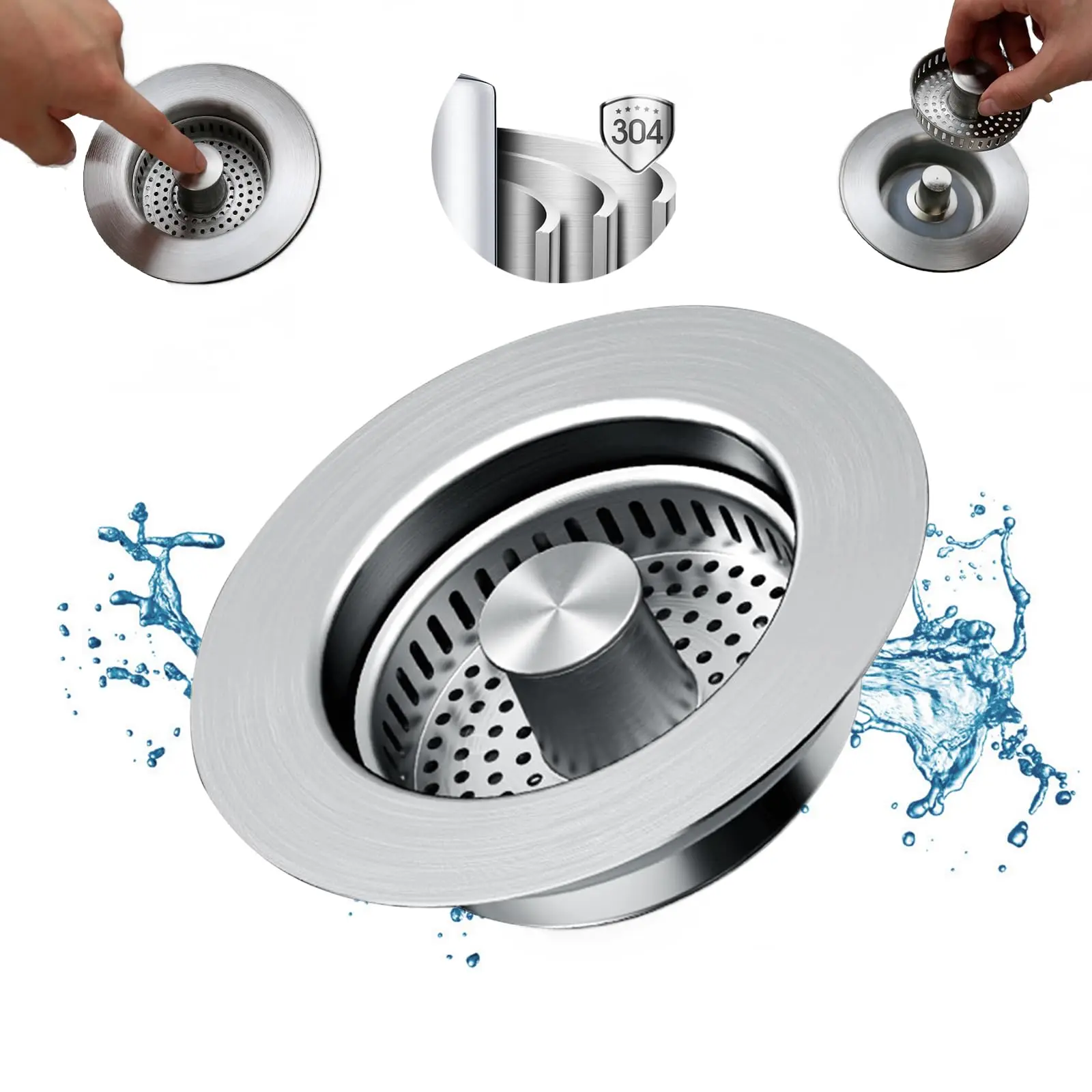 Stainless Steel 3-in-1 Kitchen Sink Drain Strainer - Deodorizing, Anti-Clog Basket Strainer, Sink Plug for US Standard 3.5 in Drains