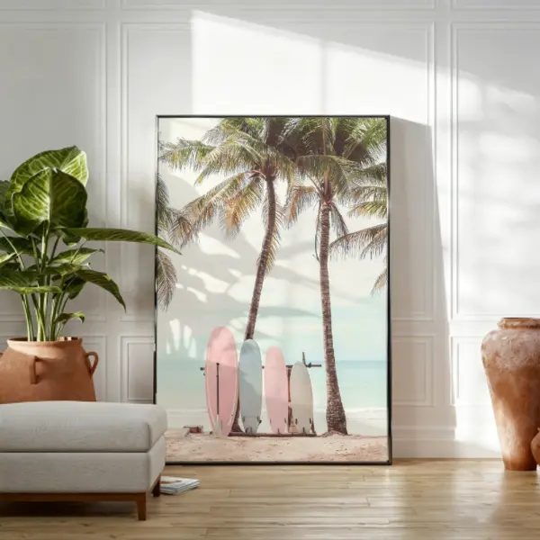 Pastel Surfboard Beach Poster Tropical Palm Tree Wall Art Coastal Ocean Photography Canvas Print for Bedroom Living Room Office Dorm Beach House Gift for Surfers and Travel Lovers