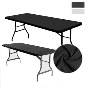 Stretchy Spandex 6FT Black Tablecloth for 6 Foot Folding Tables Rectangular Fit Washable Protective Cover for Parties Weddings Cocktails Banquets Festivals Indoor Outdoor
