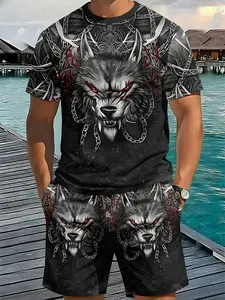 Two-piece set with all-over digital printing of iron chain wolf head, 2Pcs, trendy and fashionable set, trendy retro casual two-piece set, vacation-style trendy outfit, breathable sports and casual style, a perfect holiday gift for men