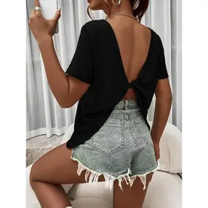 Women’s Plain Twist Backless Boat Neck T-Shirt, Casual Short Sleeve Tee for Summer, Ladies Clothing for Everyday Wear GARMENTARY