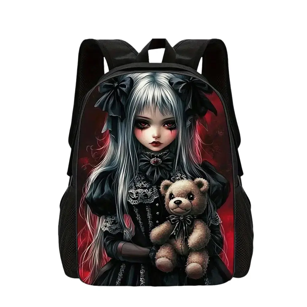 Halloween Gothic Girl Backpack, Large Capacity Lightweight Daypack with Adjustable Straps, Spooky Teddy Bear Printed Bookbag for School, Commute, Travel, Casual Use, Cute Creepy Gift for Women Adults