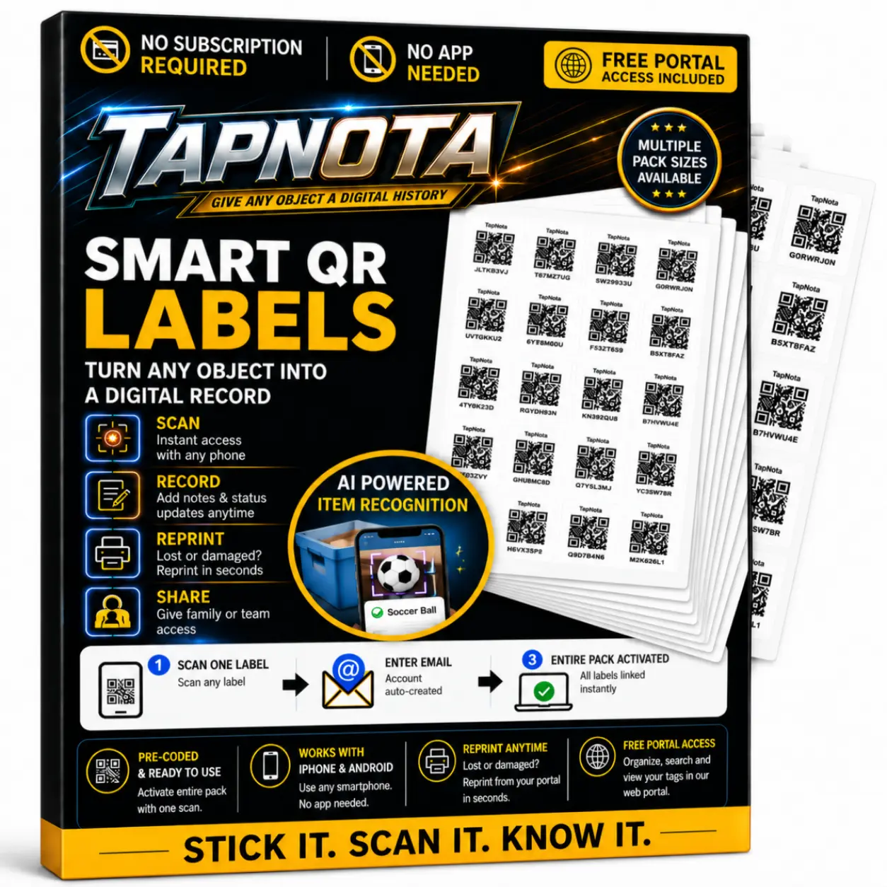 TapNota 2"x2" Smart QR Code Labels for Storage Bins & Home Inventory – Searchable Portal, AI Item Recognition, Shared Access, No App Required – 60/100/200 Pack