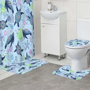 1/4pc turtle pattern bathroom set, The 4-piece set includes a single shower curtain, anti slip floor mat, toilet U-shaped mat, toilet lid mat, with shower curtain hook, and belongs to bathroom decoration products