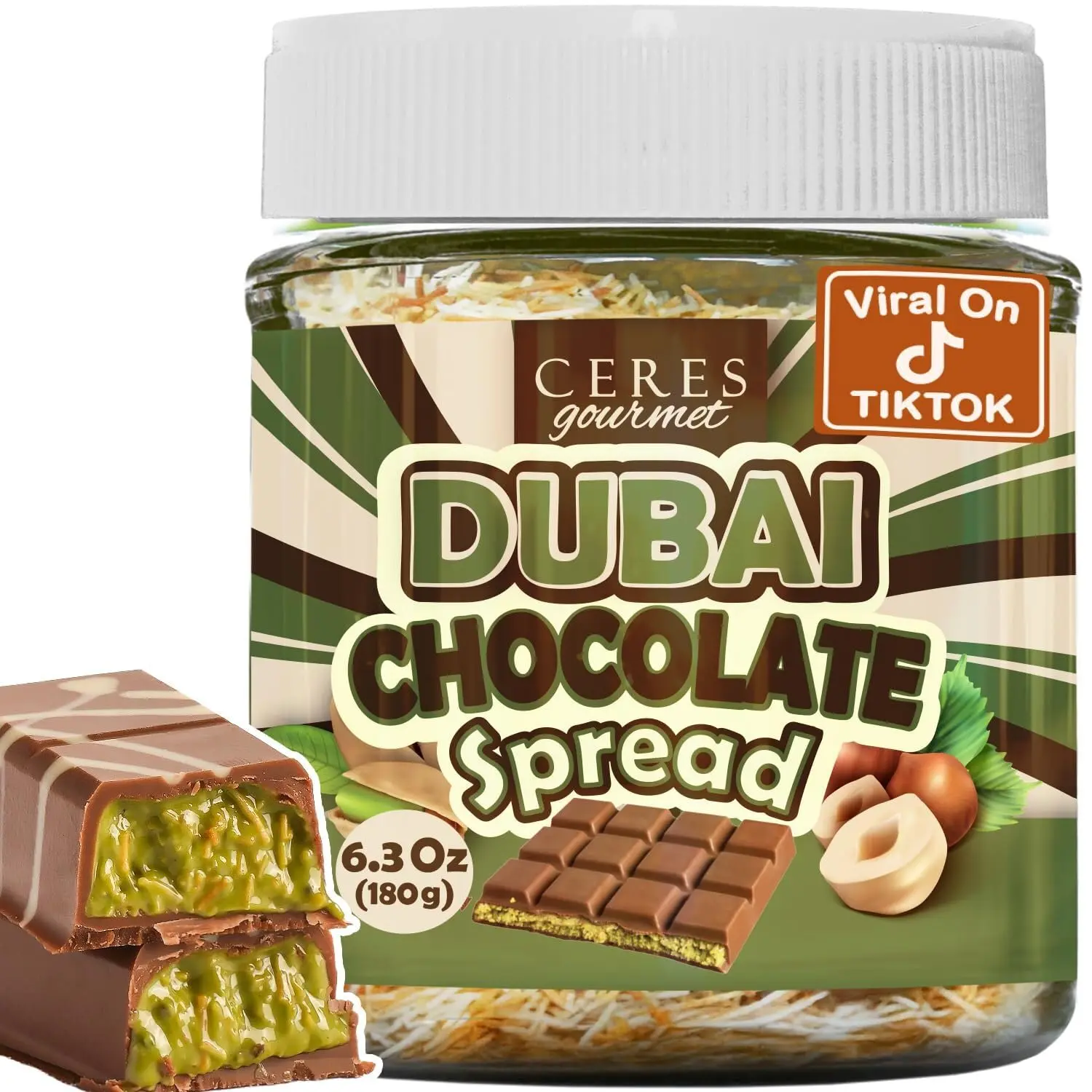 Gourmet Dubai Hazelnut Chocolate Spread - 6.35 oz Jar with Pistachio, Kataifi Fillings for Pancakes, Breakfast, Snacks