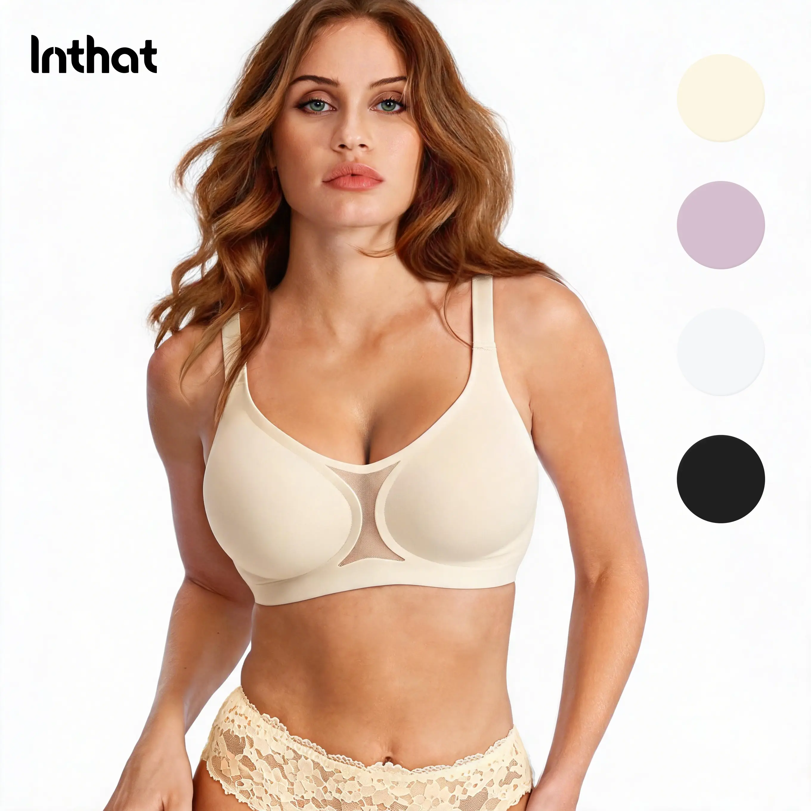 INTHAT Bra for Women Choose Size Up  Seamless Wireless Bras Center Mesh Cutout Plunge U Neck Support Bra No Underwire  Comfort Everyday T-Shirt Bra Wide Straps Anti-Sagging Bras for Women Fit Lightweight Womenswear