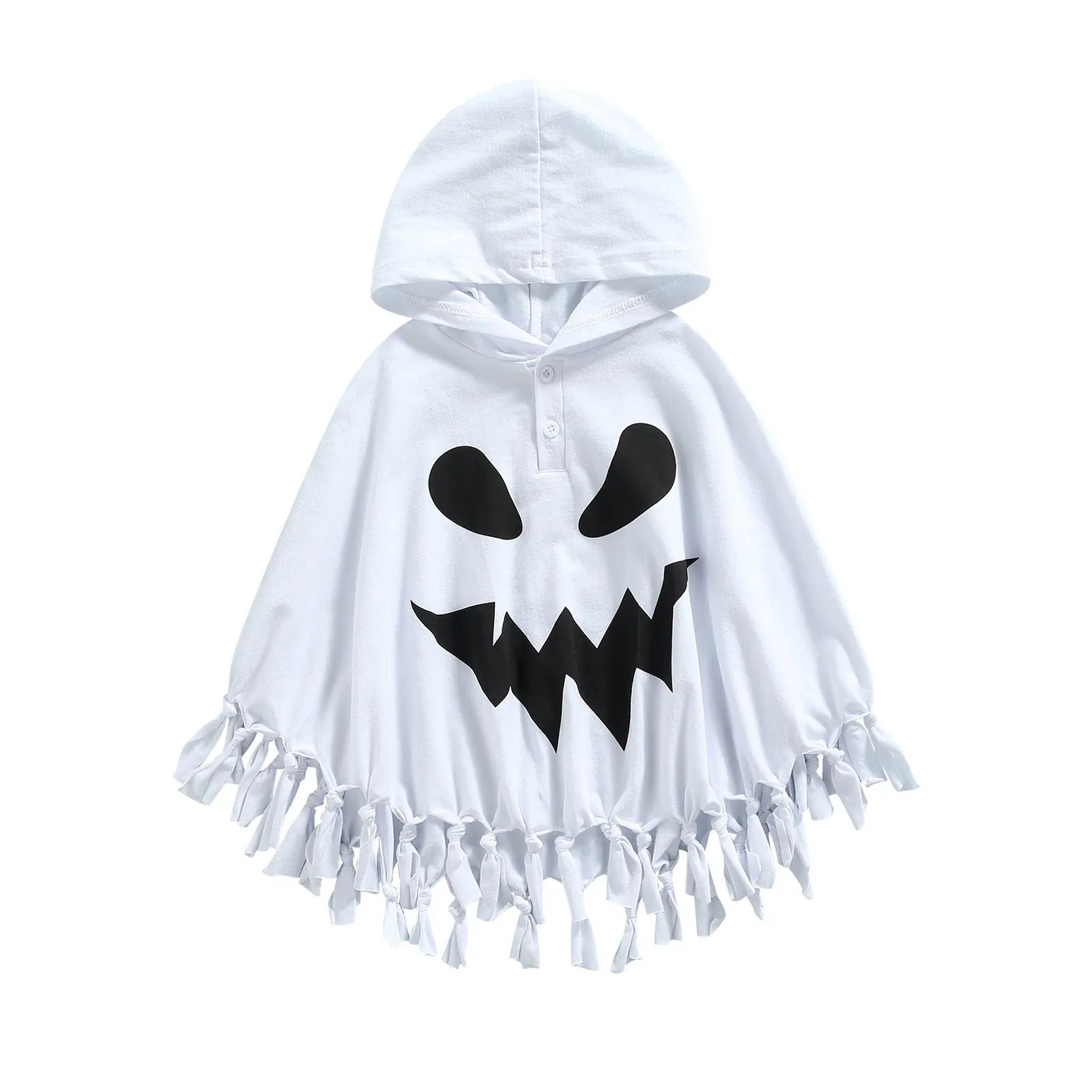 Kids Halloween Hooded Cape with Tassels, White Pumpkin Face Print Cloak