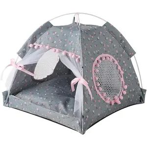 Bed Tents  House Indoor Outdoor Lace Mesh Breathable  Door Curtains Removable Portable Nest Teepe House (Small,Gray&Pink)