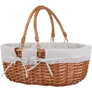 Large Wicker Picnic Basket with Handles,Handle Sturdy Woven  with Removable and Washable Lining,Outdoor Camping, Packing,Garden Picking, Storage.White