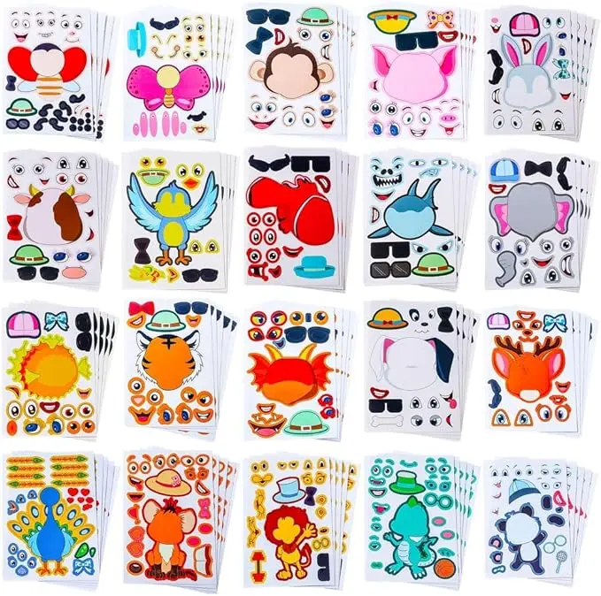 100PCS Make Your Own Stickers for Kids, Make-a-Face Stickers, 20 Animals Sticker Face for Toddlers Crafts Party Favors, Gift of Festival Birthday Classroom Reward