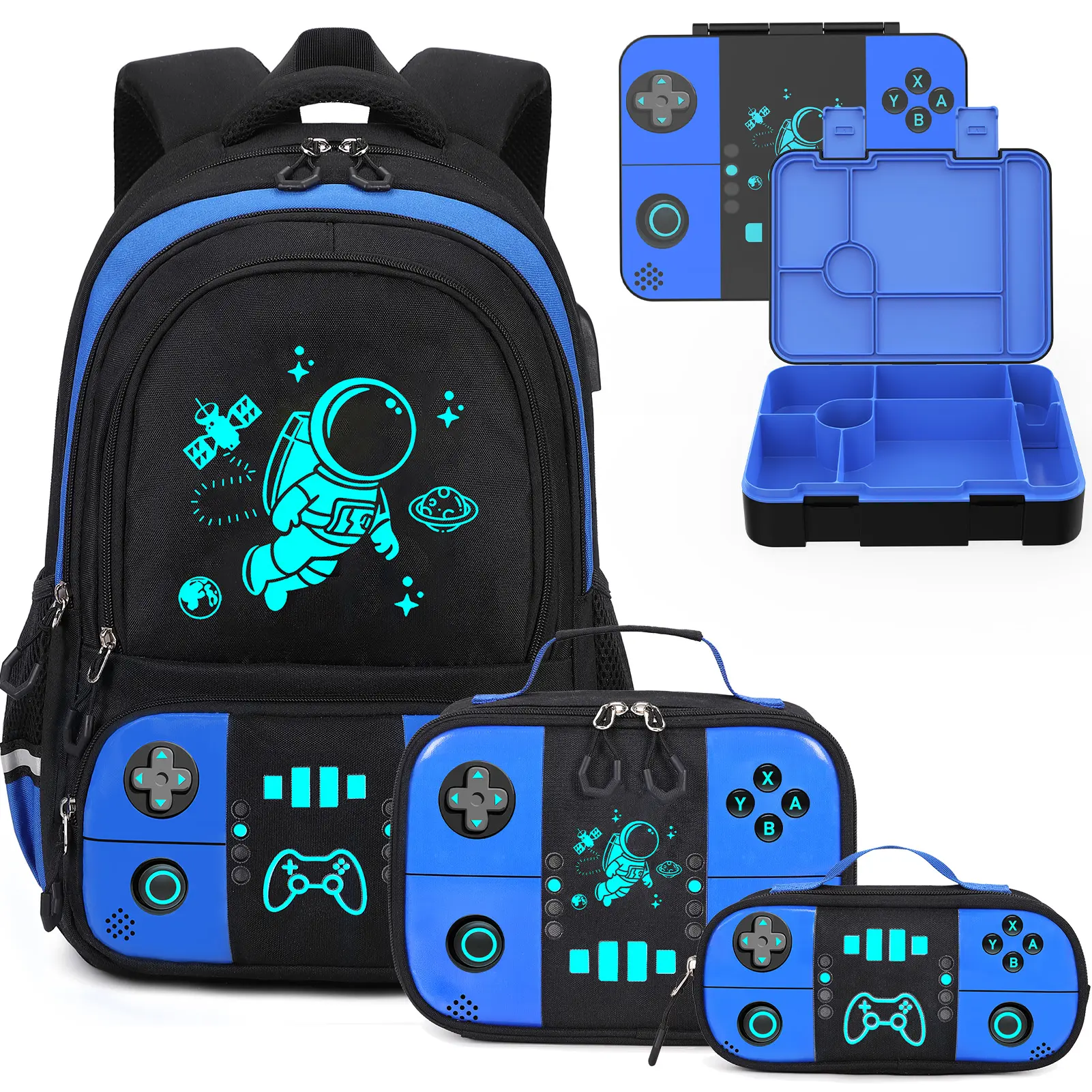 SIMILOVE Boys 4-in-1 Backpack Set - BPA-Free Food-Safe 6-Slot Bento Lunch Box (11.8*5.9*17.7in, Leakproof Compartments, Removable Tray), Insulated Waterproof Bag (3 Front Pockets, USB Port, Laptop-Friendly) for Back to School, Astronaut, School Pack