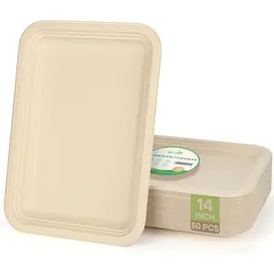 50 Pack 14 Inch Disposable  Trays Biodegradable Heavy Duty Large Paper Plates Compostable Sugarcane Platters for Crawfish, Lobster, BBQ Seafood,Party and Holiday Feast