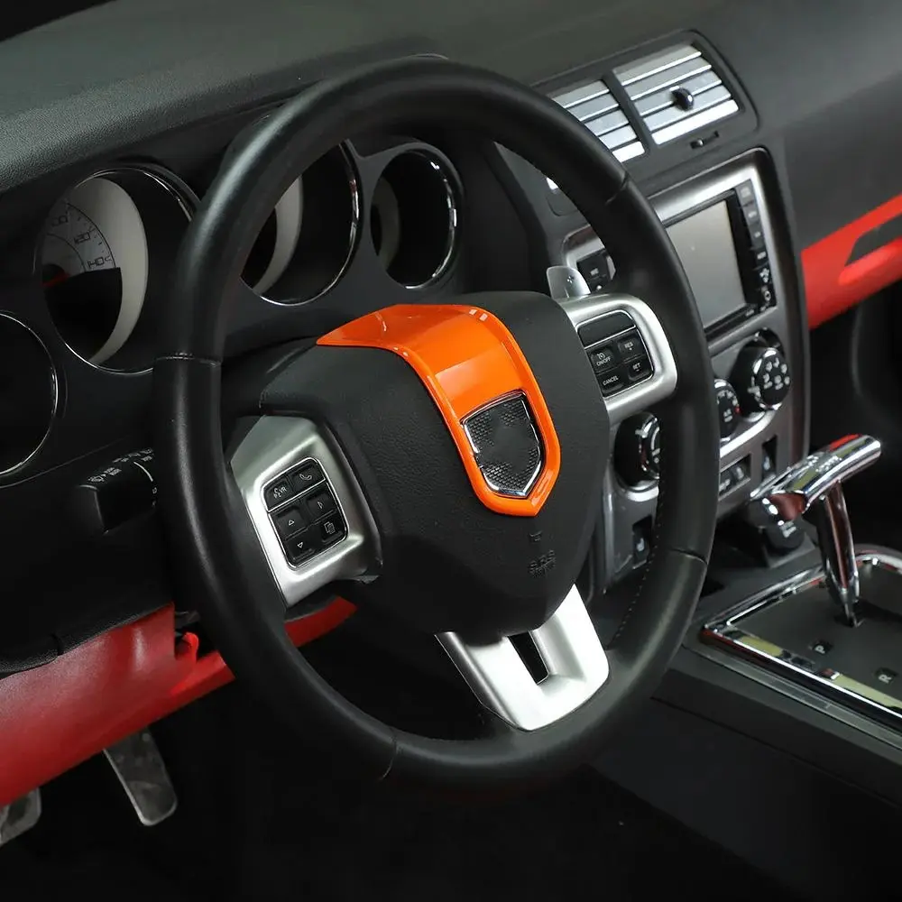Custom ABS Steering Wheel Center Trim Cover Bezel - Automotive Car Interior Sticker Accessory for Dodge Challenger/Charger/Durango 2009-2014, with Orange Detailing Decal and Vehicle Logo