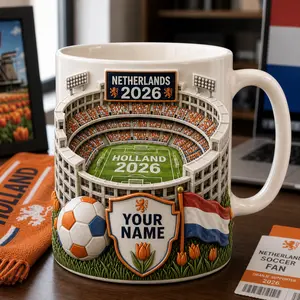 Personalized Netherlands Mug 2D Printed 3D Effect, Custom Name Ceramic Coffee Cup with Stadium, Flag, Gift for Football Fan