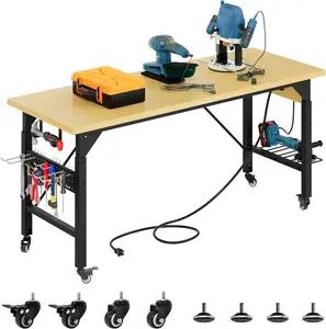 YINTATECH 60" Adjustable Workbench with Wheels Built-in AC USB Outlets 1600 LB Capacity Heavy-Duty Tool Work Bench for Garage Workshop Office or Outdoor Work Table