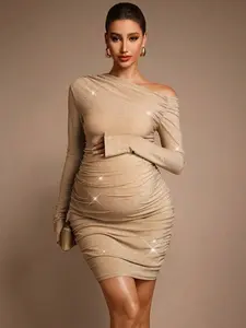 BELLAdresses Maternity Fashion Ruched Oblique Shoulder Long Sleeve Short Dress Elegant Dresses Sequin Dress Baby Shower Dress Pregnancy Photoshoot Dress Women Dresses Champagne One Sleeve Dress Glam Dress For Women Luxury Dress For Women Bandage Dress For