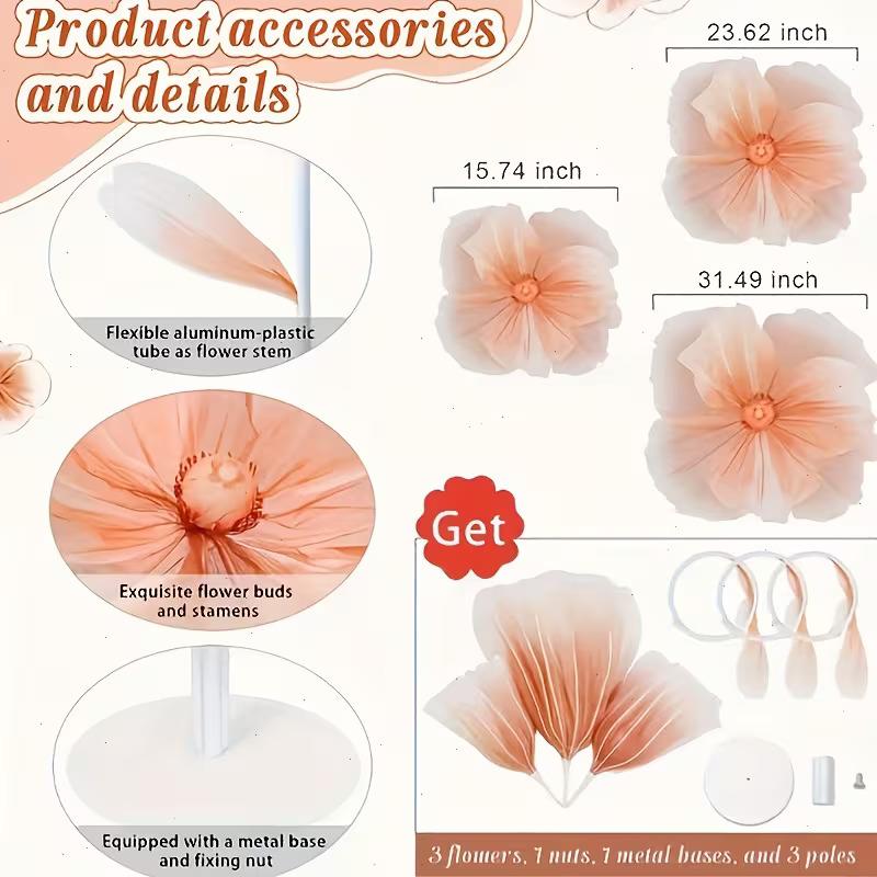 6 panels-5.58 ft Giant Flowers for Decoration,Large Fake Flower with Standing Stems and Base,Big Artificial Flowers for Home Decor,Wedding Background Decor,Shop Window Display,Banquet,Garden Party (Dark Champagne)