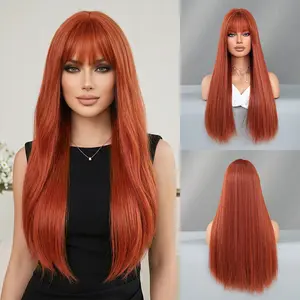 Synthetic Full Machine Wig, Vibrant Ginger Orange Long Wig with Fringe for Y2K Spice Girl Cosplay & Everyday Use