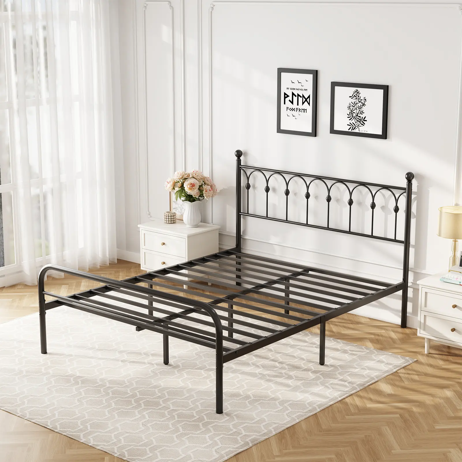 Heavy Duty Metal  Bed Frame with Iron-Art Spherical Headboard, 11.9" Under-Bed Storage, No Box Spring Needed, Easy Assembly – Sturdy Bed Frame for Bedroom, Guest Room & Apartment, Modern Black (Twin/Full/Queen/King) furniture platform