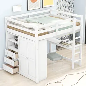 Full Size Loft Bed with Desk, Built-in Wardrobe, Storage Shelves and Drawers, Solid Wood Loft Bed Frame for Teens Adults