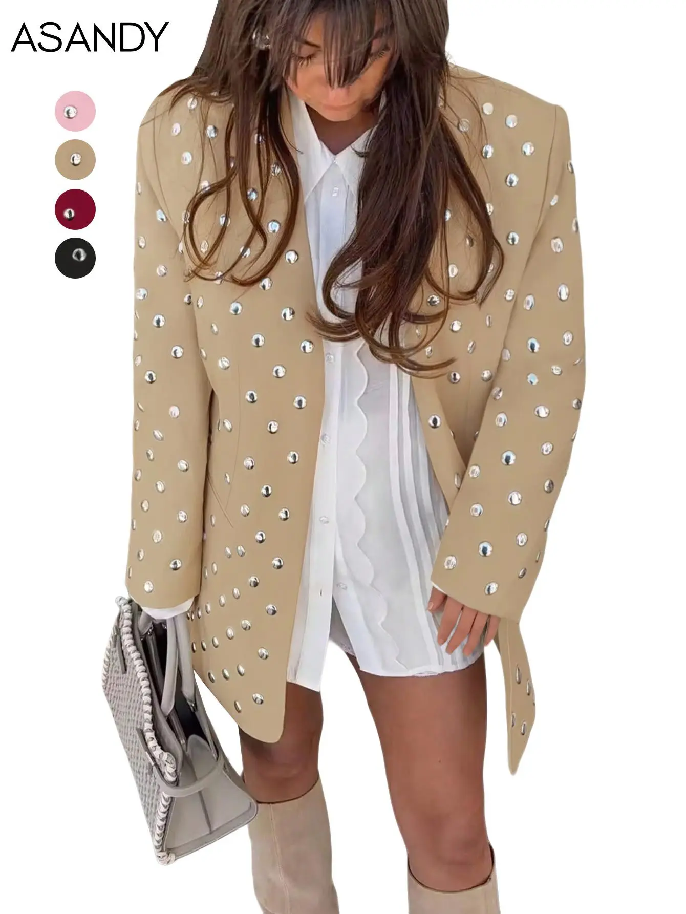 ASANDY Women's Oversized Studded Polyester Blazer Jacket - Long-Sleeve Lapel Collar, Rhinestone Embellished Streetwear, Casual Ootd, All-Season Elegant Outerwear for Festival, Party Outfits