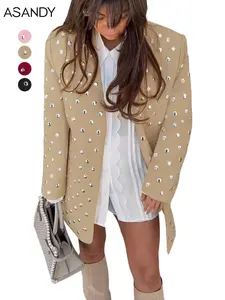 ASANDY Women's Studded Blazer Jacket Oversized Long Sleeve Lapel Collar Rhinestone Embellished Coat for Party Club Streetwear Stylish Statement Outerwear oversize