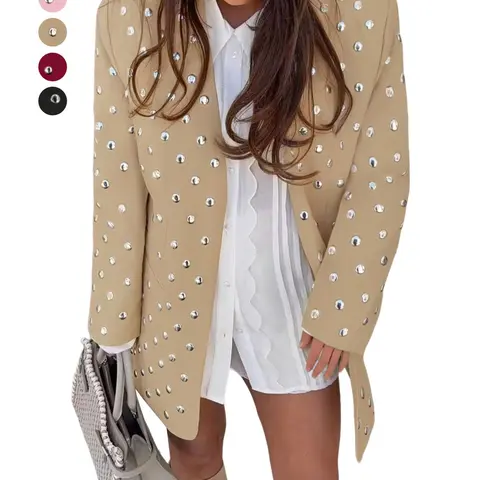 ASANDY Women's Oversized Studded Polyester Blazer Jacket - Long Sleeve Lapel Collar, Rhinestone-Embellished Chic Streetwear, Party-Ready All-Seasons Elegant Outerwear