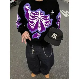 Men’s Dark Butterfly Bone Patterned Knit Sweater, Trendy Casual Wardrobe Staple, Comfortable and Warm Knit Fabric, A Must-Have Fashion Piece