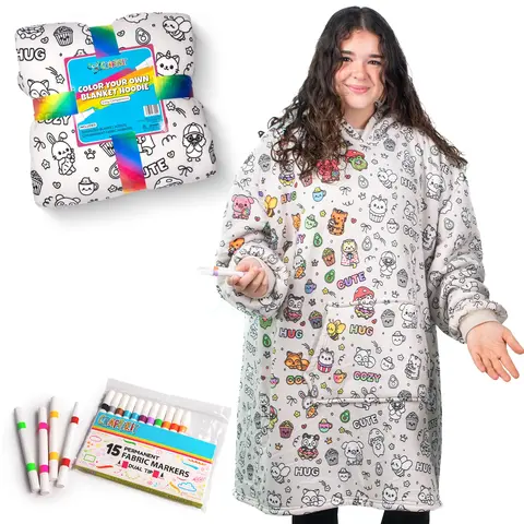 Craftikit Women's Oversized Relaxed Fit Soft Printable Animal Coloring Hoodie Sweatshirt - Sherpa Fleece Fabric, Long Sleeve, Casual Home Lounge Tops, Adult Outdoor All Seasons Matching Sets with 15 Permanent Fabric Markers (15 Markers Inside)