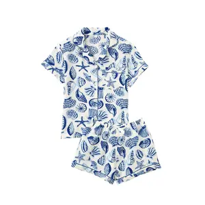 2026 New Bubble Crepe Pajama Set Women Lapel Cardigan Short Sleeve Shorts Soft Casual Summer Cross Border Home Loungewear