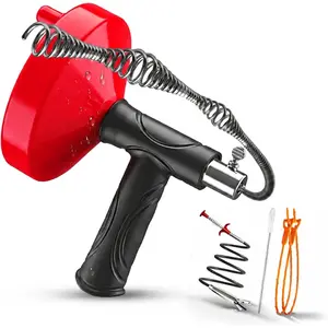 Drain Snake Auger 33 Ft, Plumbing Snake Drain Hair Clog , Heavy Duty Snake Auger, Sink Unclogger Drain Cleaner Tool for Bathroom Kitchen Tub Shower Drain Clog Remover with Gloves, Red