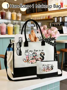 Floral Print Canvas Tote Bag Set, Includes 1 Handbag + 1 Makeup Bag, Durable Multi-Pocket Design for Commutes & Travel, Vintage Large Capacity in and