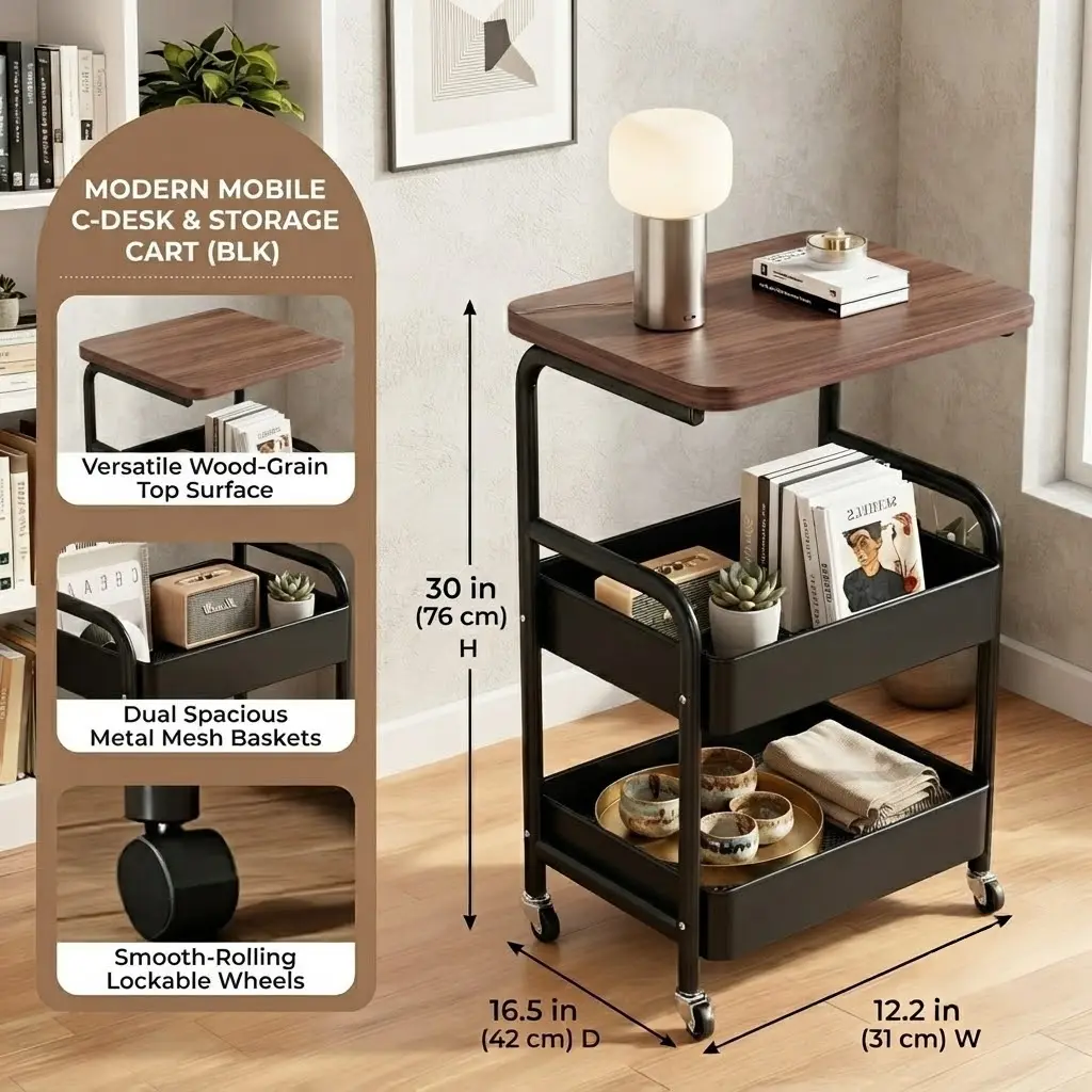 Mobile C-Shaped Side Table with Storage Basket, Wood Top & Lockable Wheels, Rolling End Table for Sofa, Couch, Bed, Living Room, Bedroom & Small Spaces