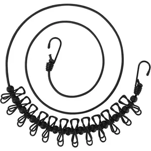 11 Feet Black Windproof Clothesline with 12 Black Clips, Adjustable Clothes Line for Home, Travel and Outdoor Hanging Clothes(Black)