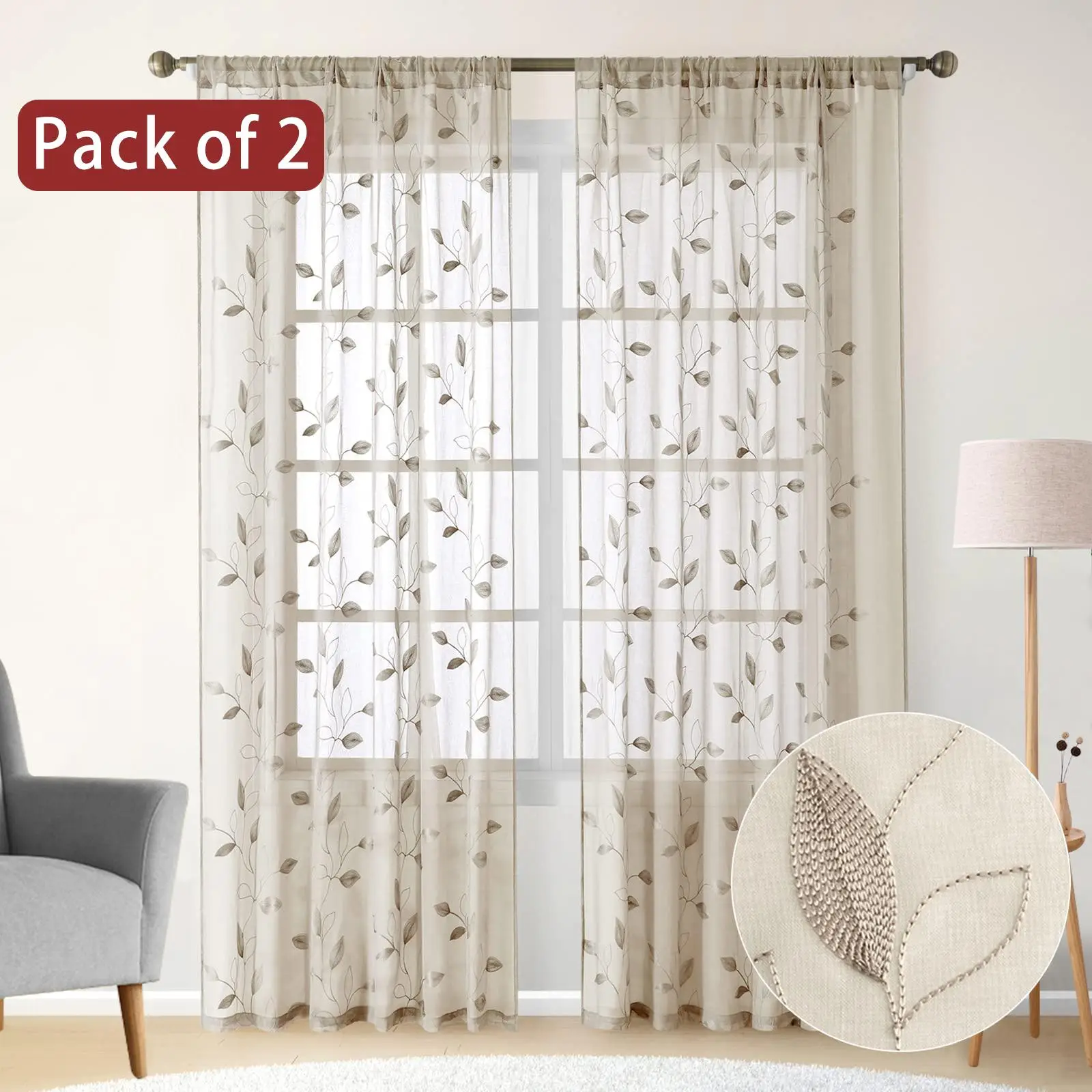 Leaf Print Curtain, 2 Counts Top Hole Design Half Transparent Window Curtain, Curtains for Bedroom, Durable Textiles for Home Living Room & Bedroom &