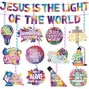 VBS 2026 Decorations Banner Set NO-DIY Jesus is The Light of The World Banner and Christian Hanging Swirls Religious Sunday School Classroom Decor for Vacation Bible School Church Party Supplies