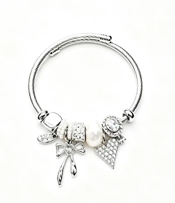 Silver Cable Wire Charm Bangle Bracelet for Women, Bow Heart Crystal Rhinestone Pearl Dainty Stackable Jewelry Gift