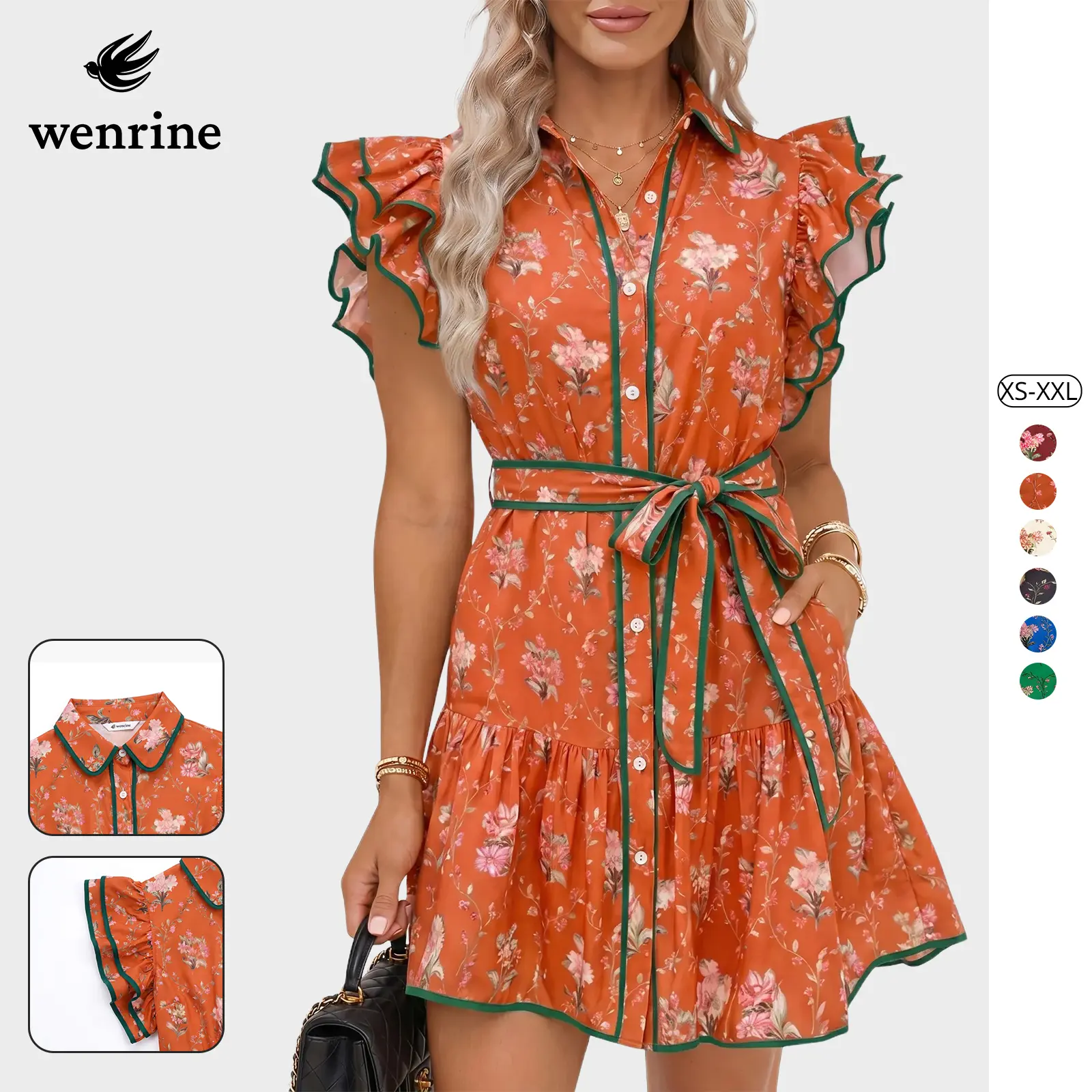 Wenrine Women's Summer Button Down Shirt Dress Casual Collar V Neck Floral Ruffle Sleeve Boho Beach Vacation Mini Dresses