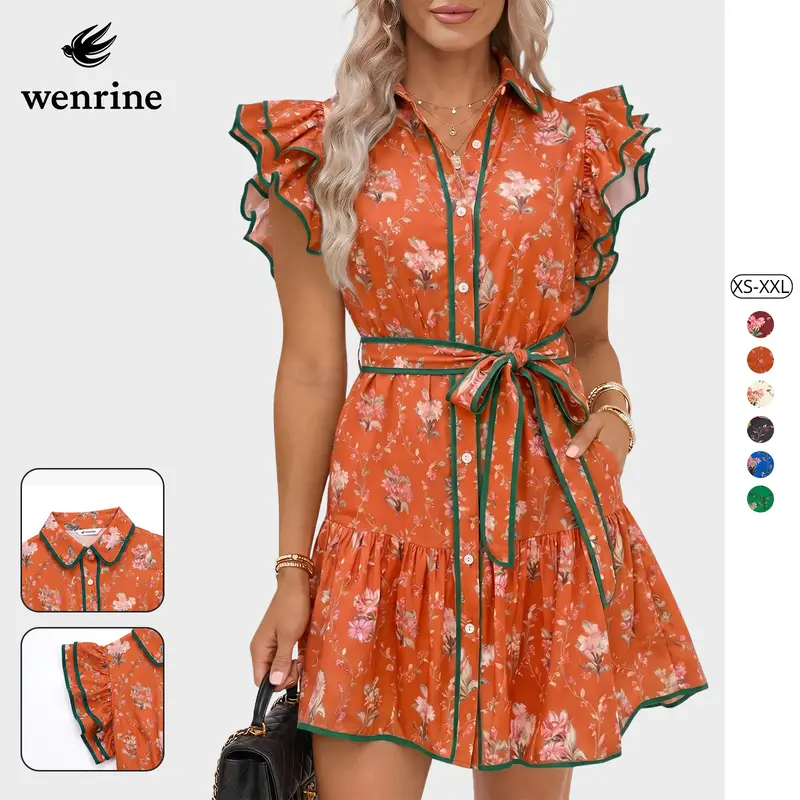 Wenrine Women's Woven Boho Front-Button Collar V-Neck Mini Dress - Tie Accent, Floral Print, Ruffle Sleeves, Above Knee Length, Pocket, Breezy Casual Beach Resort Wear